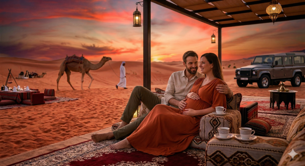 Comfortable and relaxing babymoon desert experience, showing how Can Pregnant Women Do Desert Safari.