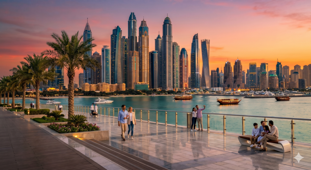 Tourists enjoying the waterfront skyline before their Desert Safari Dubai Marina Area pickup.
