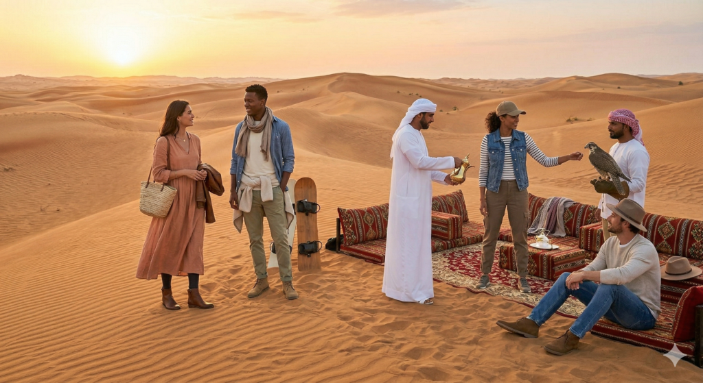 Guests demonstrating stylish and practical attire for What to Wear Evening Desert Safari Dubai at sunset.