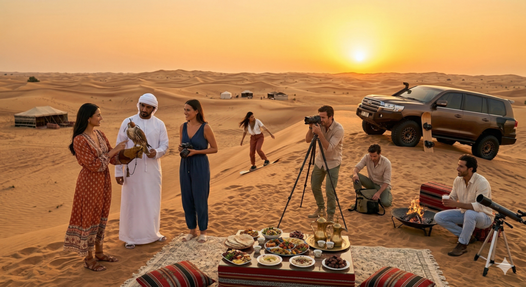 Tourists showing What to Wear Evening Desert Safari Dubai for comfort and style.