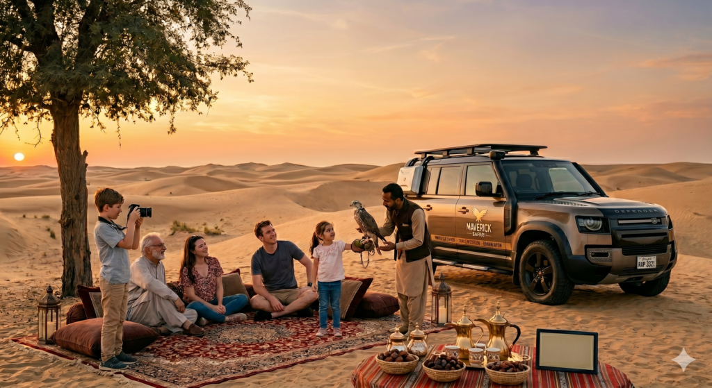 Boy taking a photo of his sister holding a falcon under a tree during a premium Desert Safari for Families.