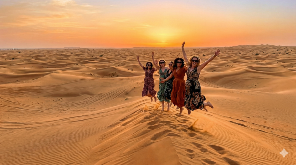 Friends jumping on sand dunes at sunset, illustrating the fun of What to Expect in Desert Safari Dubai.