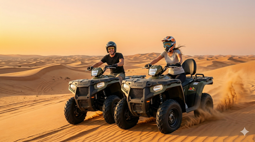 Happy couple riding side-by-side ATVs at sunset, answering How Much is Quad Bike in Dubai.