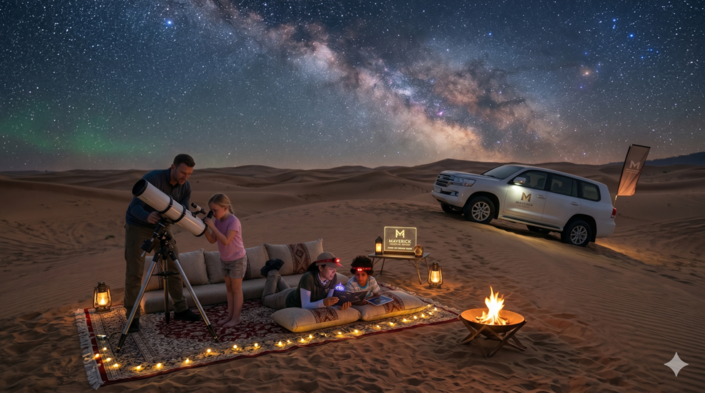 Exclusive stargazing setup with traditional rugs and a telescope for a Family Private Desert Safari.