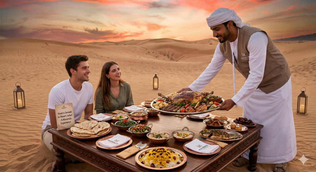 Couple enjoying a private sunset dinner in the dunes, answering What Food is Served in Desert Safari.