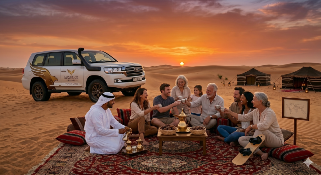 Large gathering of friends and family toasting with traditional tea at sunset during a premium Group Desert Safari Dubai.