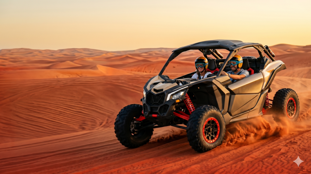 Branded performance UTVs parked during golden hour, illustrating what you get when asking How Much Does Dune Buggy Cost in Dubai.