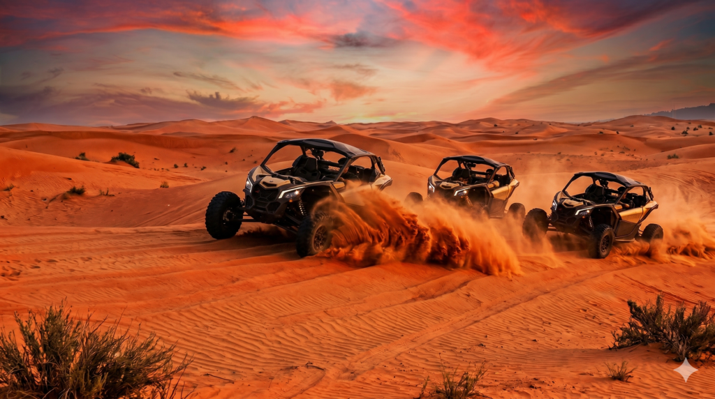 Convoy of three off-road buggies at sunset, showing the ultimate Desert Safari Near Me.