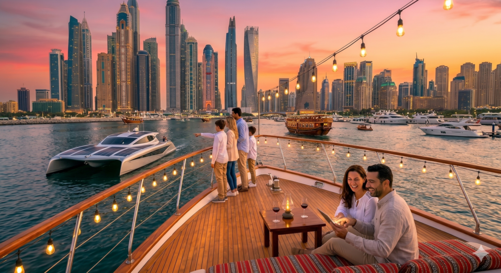 Family admiring the skyline from a boat deck before their Desert Safari Dubai Marina Area pickup.