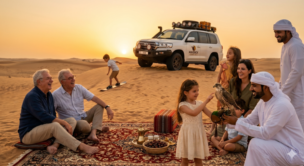 Grandparents and children resting on traditional rugs at sunset for an all-ages Family Desert Safari Dubai.