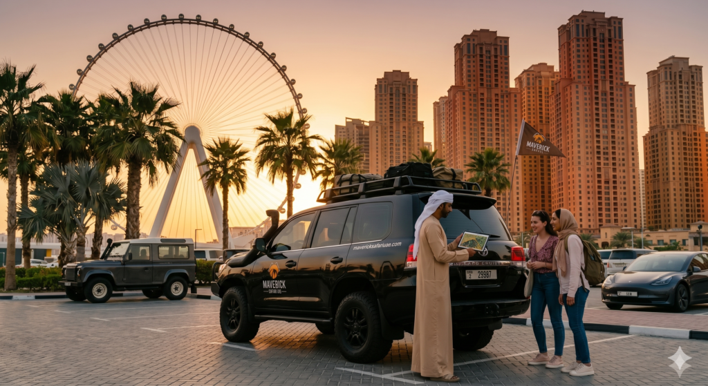 Tourists checking in with their driver before a sunset Desert Safari JBR Pickup by the Jumeirah Beach Residence skyline.
