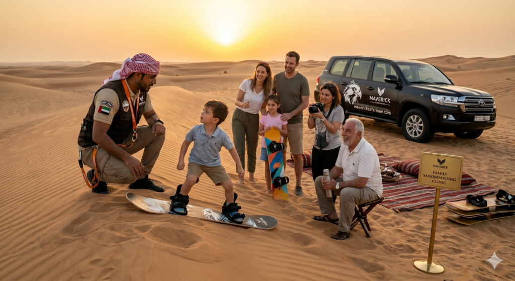 Guide teaching a young boy how to safely sandboard at sunset during a Family Desert Safari Dubai.