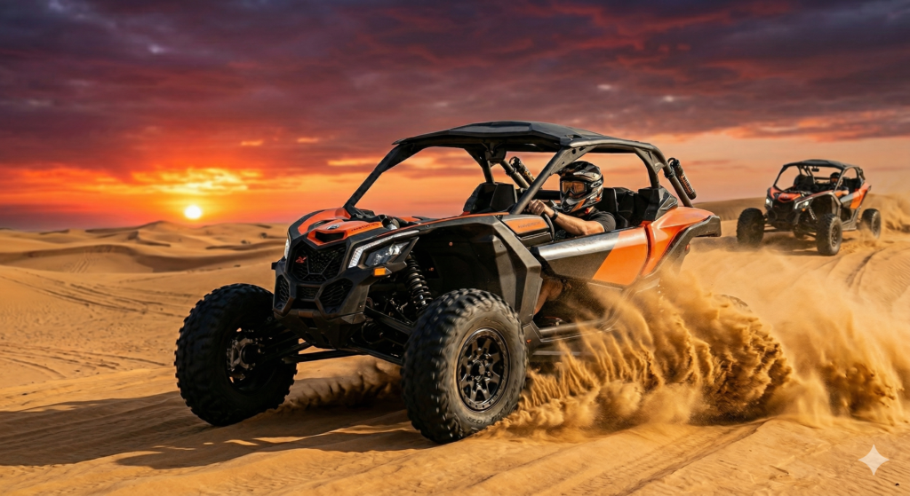 High-speed UTV desert drive illustrating What is Dune Bashing during a Dubai sunset.