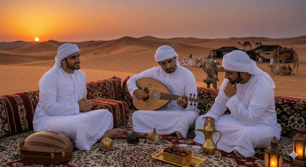 Traditional Oud music and Arabic coffee showing What is Included in Desert Safari Dubai at sunset.