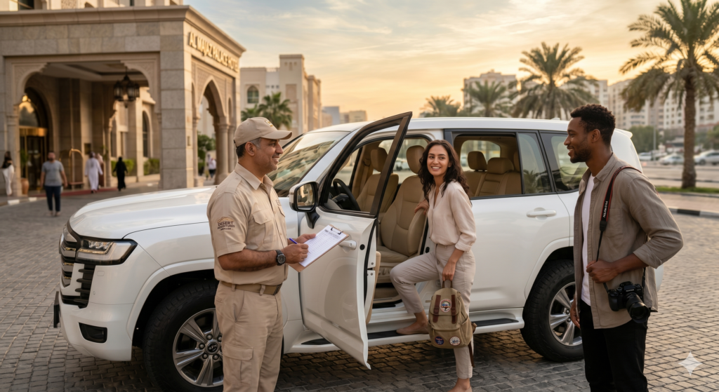 Professional guide checking in a happy couple at their hotel for a seamless Desert Safari Sharjah Pickup.