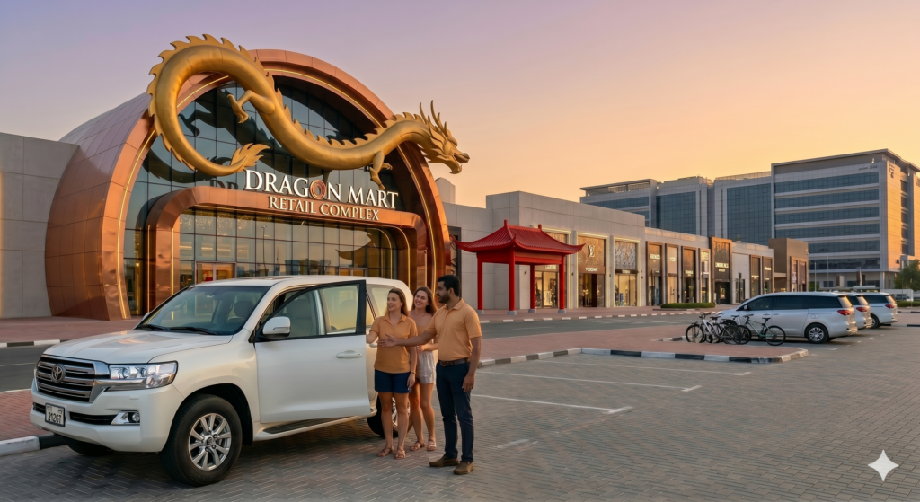Tourists meeting their driver at the iconic golden dragon facade for a seamless Desert Safari Dragon Mart Pickup.
