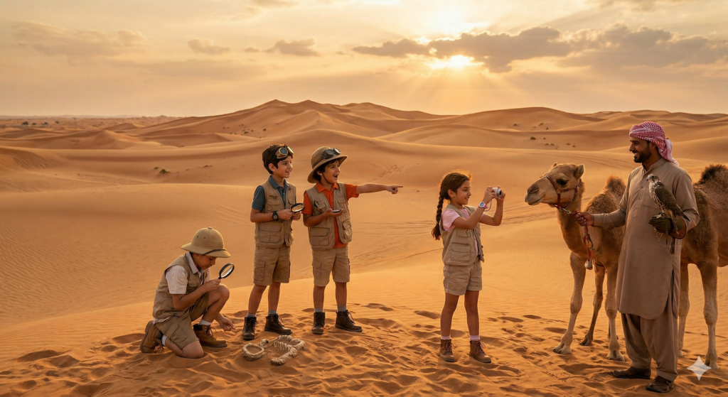 Children enjoying educational camel and falcon encounters, answering Is Desert Safari Suitable for Kids.
