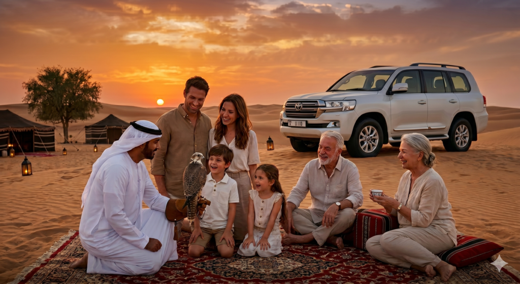 Multi-generational group enjoying a private falconry experience at sunset during a premium Desert Safari for Families.