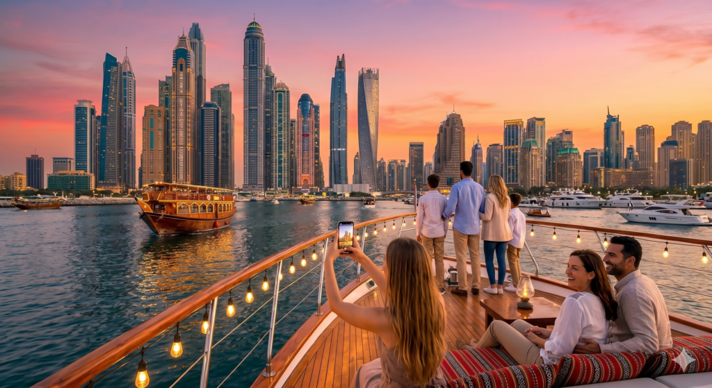 Group enjoying a luxury yacht cruise, perfectly paired with a Desert Safari Dubai Marina Area tour.