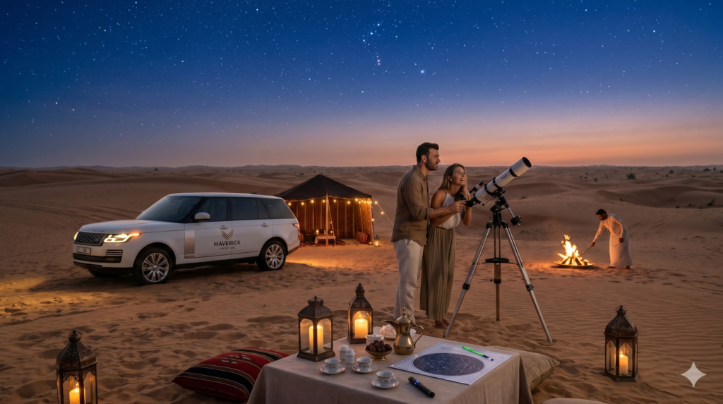 Couple stargazing with a telescope at a private night camp during a Romantic Desert Safari Dubai.