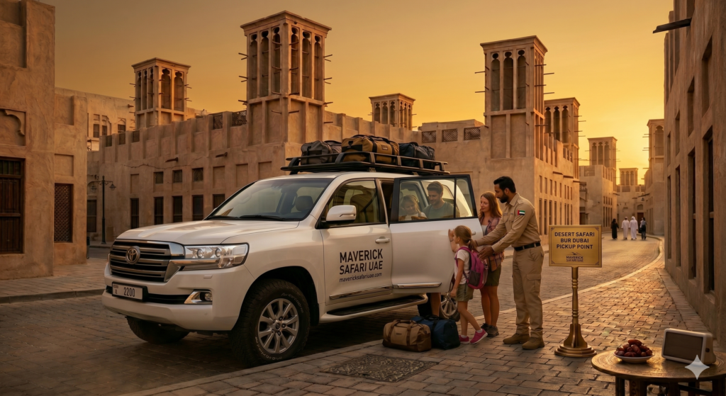 Guide helping a family with luggage at the official designated Desert Safari Bur Dubai Pickup point.