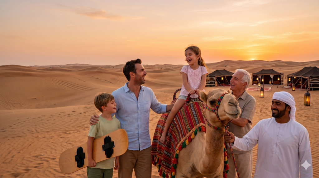 Young girl smiling on a safe camel ride with her dad and grandfather during a Desert Safari for Families.