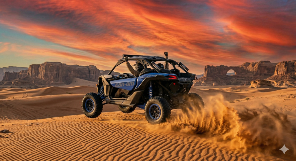 Thrilling UTV adventure at sunset, a popular add-on when asking Is Quad Biking Included in Desert Safari.