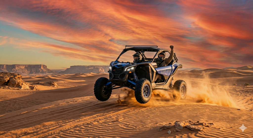 Two adventurers in a sunset buggy ride, a popular extra when asking Is Quad Biking Included in Desert Safari.