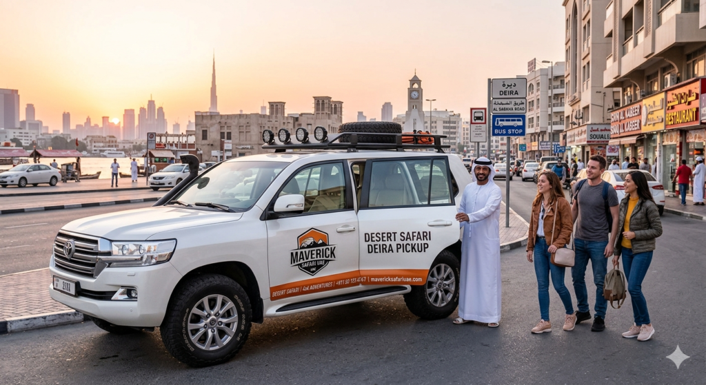 Guide welcoming tourists into a branded Maverick SUV for a convenient desert safari Deira pickup.