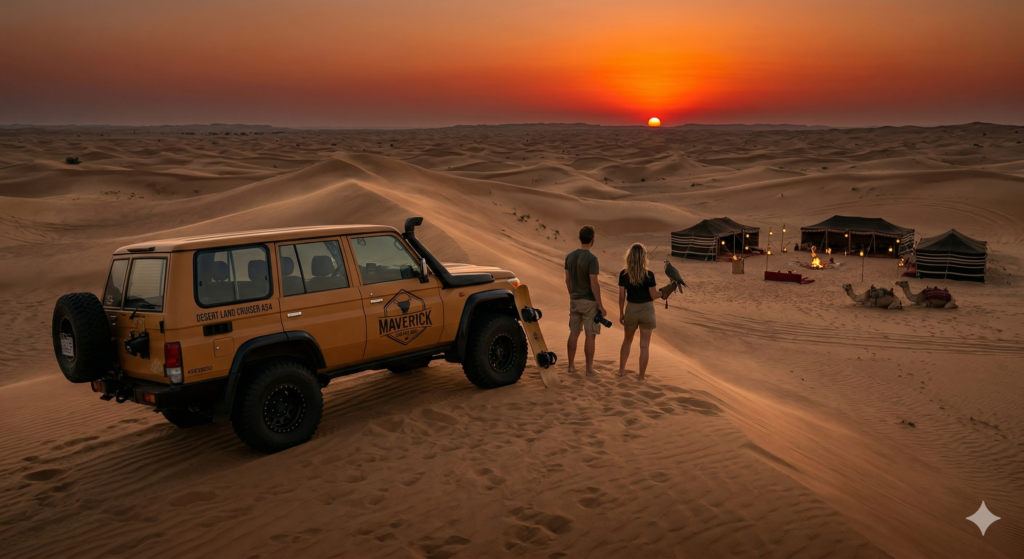 Sunset desert camp and falconry view, a top choice when learning how to book desert safari Dubai.
