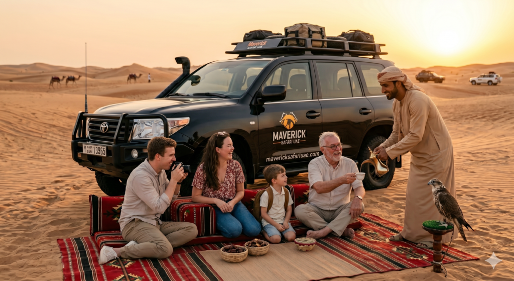 Emirati guide serving coffee to guests at a private sunset setup for a premium Family Desert Safari Dubai.