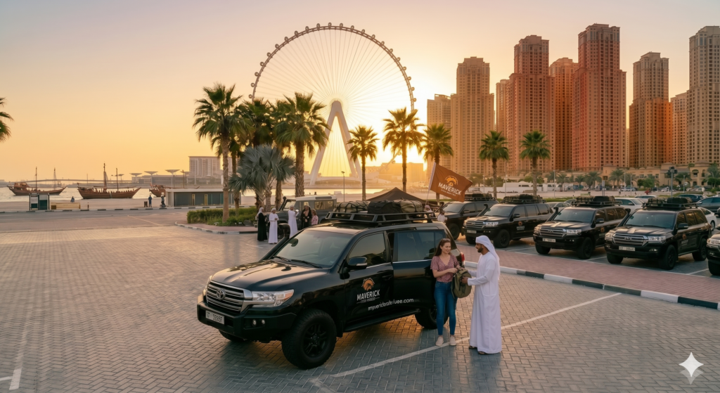 Guide assisting a tourist into a premium Maverick SUV for a sunset Desert Safari JBR Pickup near Ain Dubai