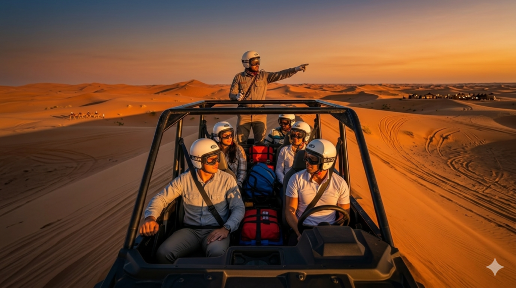 Group wearing helmets and goggles answering Is Desert Safari Safe for high-action dune tours.