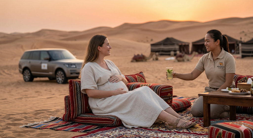 Pregnant woman safely relaxing at a desert camp, answering Can Pregnant Women Do Desert Safari.