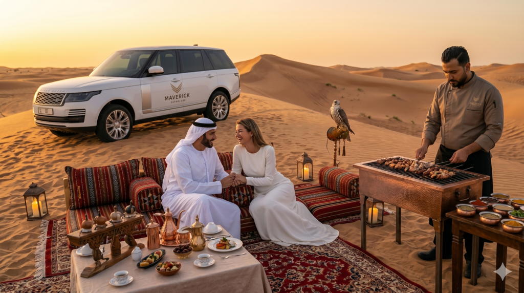 Couple holding hands while a private chef cooks BBQ during a luxury Romantic Desert Safari Dubai.
