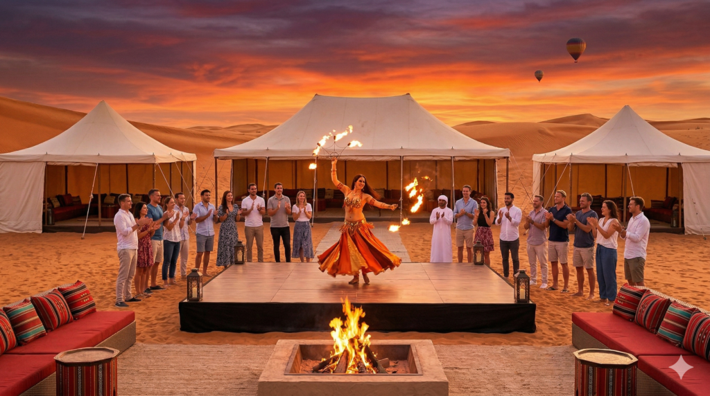 Live fire dance and belly dance show, a major highlight of What to Expect in Desert Safari Dubai.