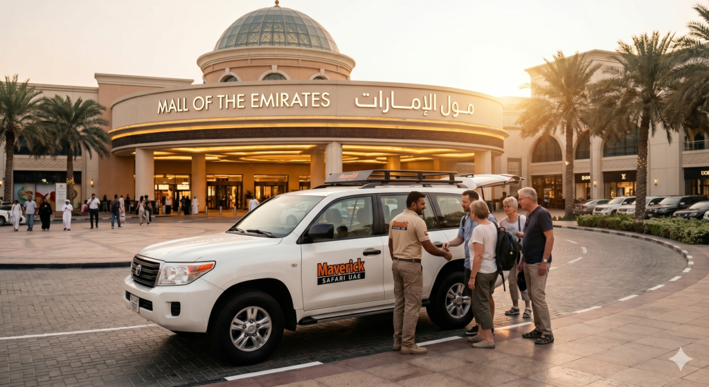 Professional guide assisting a group into a luxury 4x4 for an evening Desert Safari Mall of Emirates Pickup.