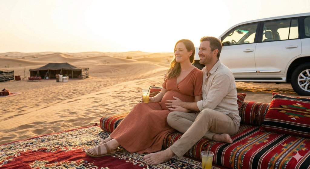 Pregnant couple enjoying a relaxed sunset camp, answering Can Pregnant Women Do Desert Safari.