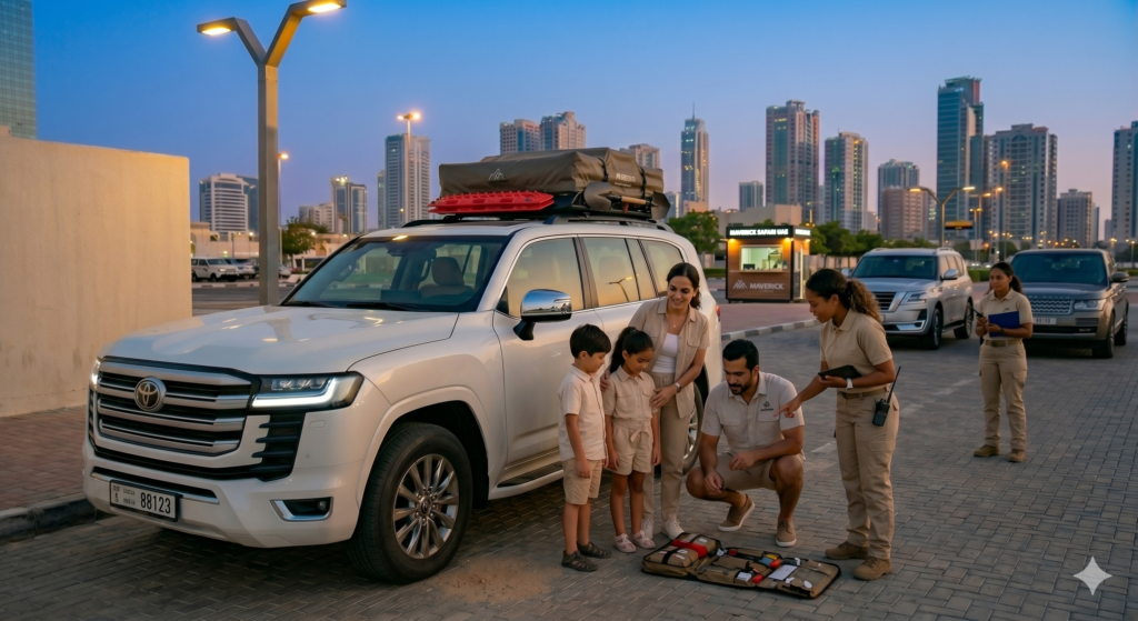 Organized, family-friendly Desert Safari Pickup from Sharjah showing a guide reviewing safety gear with parents and kids.