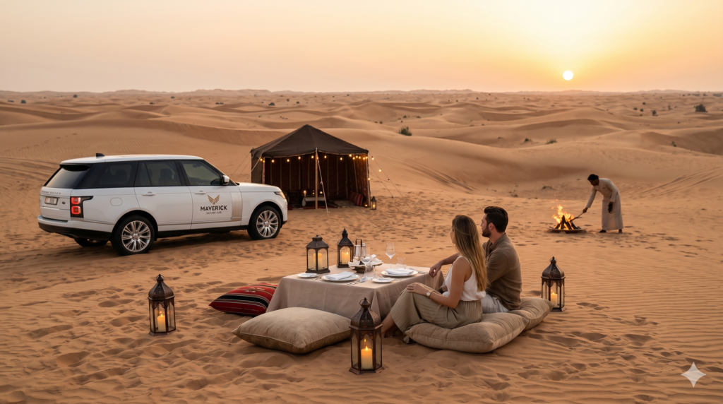 Couple enjoying a private sunset dinner with lanterns during a luxury Romantic Desert Safari Dubai.