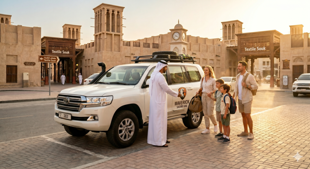 Family meeting their Emirati guide at the Textile Souk for a convenient Desert Safari Bur Dubai Pickup.