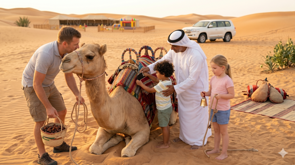 Children learning about camels with an Emirati guide at sunset on a Kids Friendly Desert Safari.