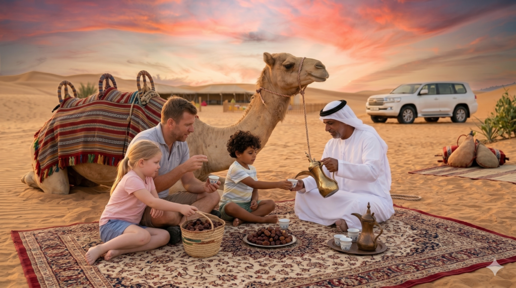 Family enjoying dates on a traditional rug next to a seated camel on a Kids Friendly Desert Safari.