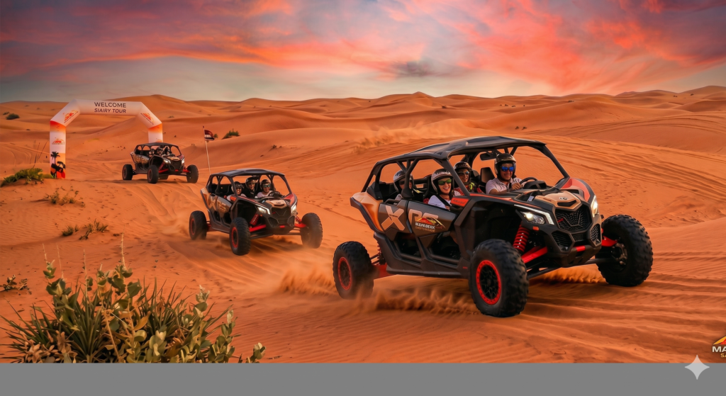 Group convoy of multi-seater UTVs at sunset, explaining How Much Does Dune Buggy Cost in Dubai.