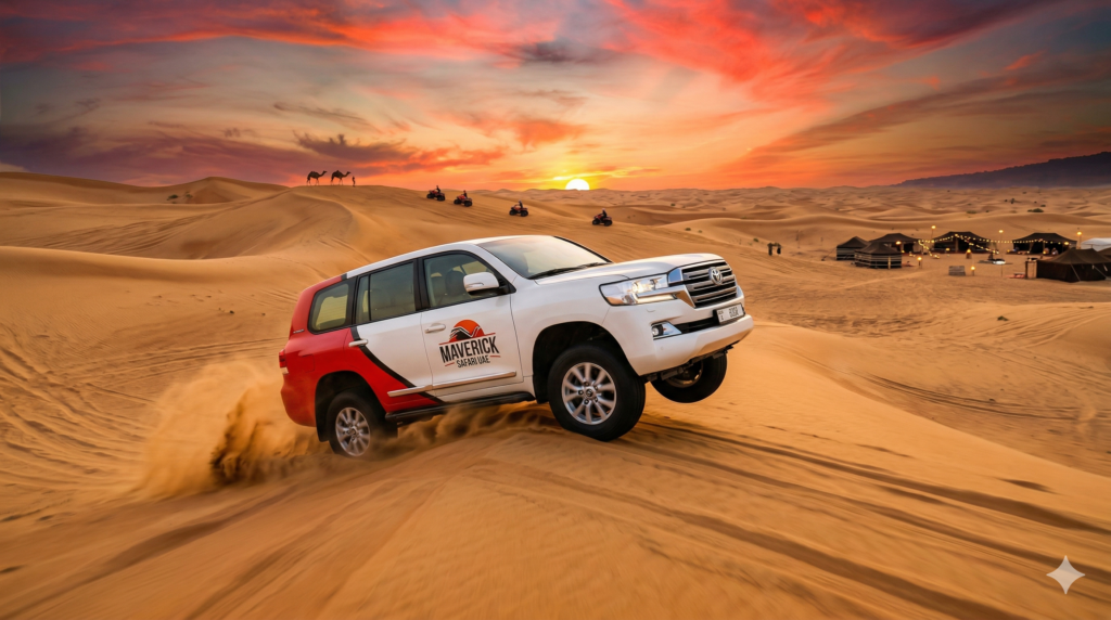Thrilling desert adventure and camp views illustrating the duration of How Long Does Desert Safari Take.