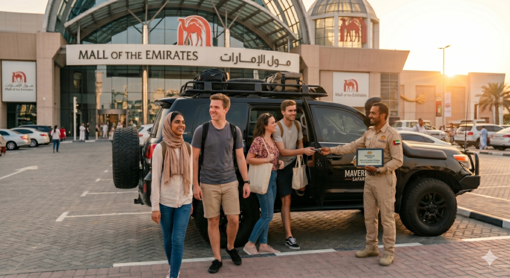 Group of tourists meeting their Maverick guide at the main entrance for a Desert Safari Mall of Emirates Pickup.