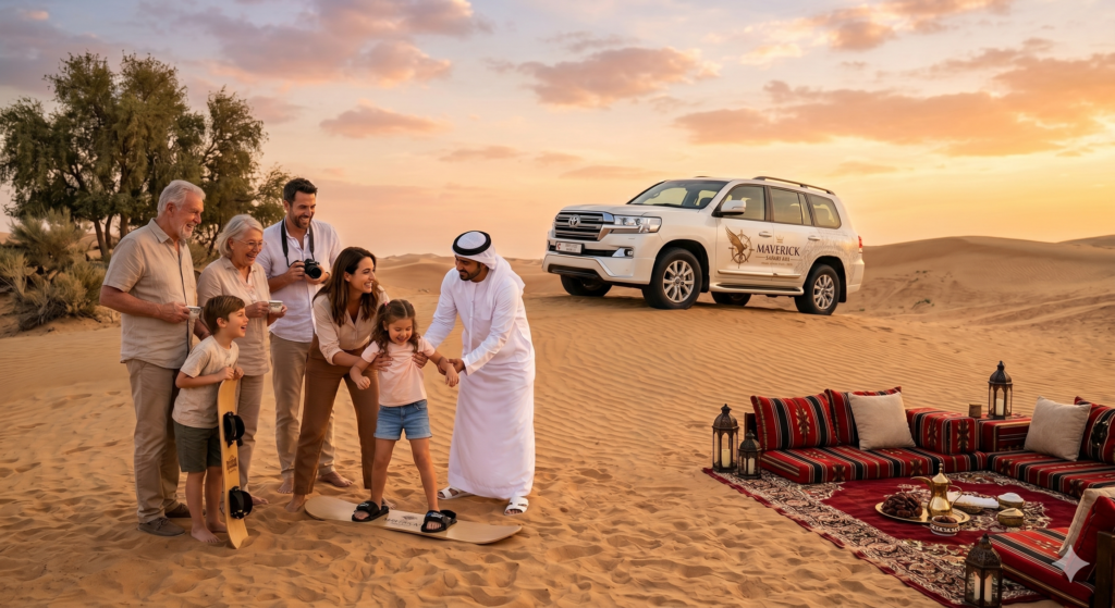 Guide helping a young girl safely sandboard while her family watches during a Desert Safari for Families.