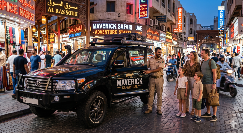 Guide opening the door for tourists at the Spice Market, highlighting a convenient desert safari Deira pickup.Guide opening the door for tourists at the Spice Market, highlighting a convenient desert safari Deira pickup.
