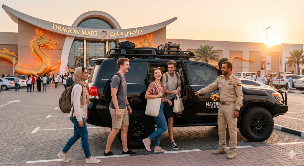 Smiling guide welcoming tourists at the main mall entrance for a convenient Desert Safari Dragon Mart Pickup.