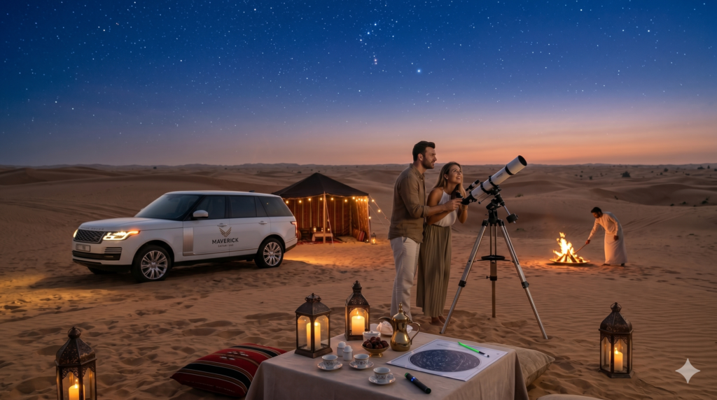 Couple stargazing with a telescope at a private night camp during a Romantic Desert Safari Dubai.